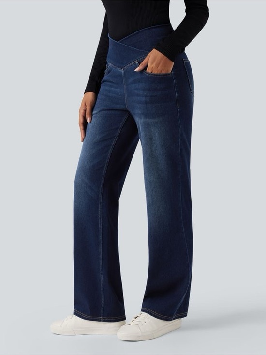 HALARA Pants - HALARA Flex Crossover Jeans Dark Blue Wide Leg Pull-On Pants